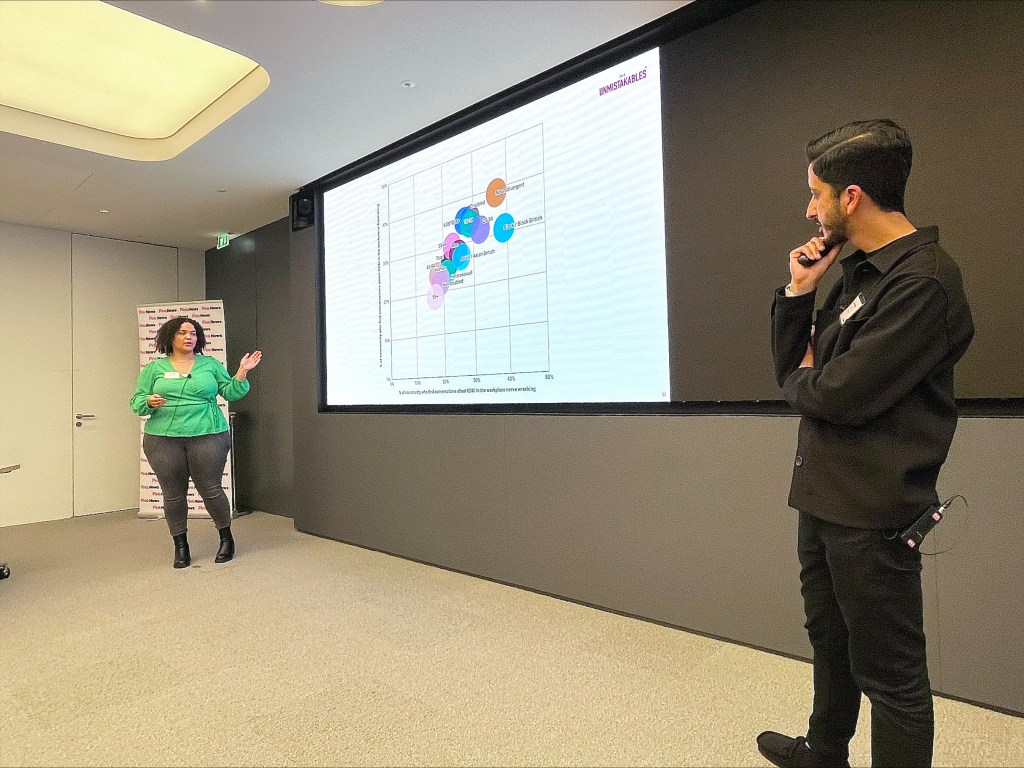 A woman in a green jumper is explaining a slide while a man in a black shirt looks on.