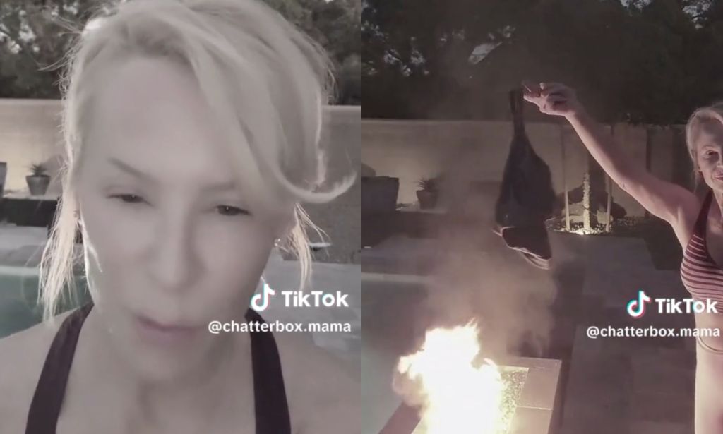 A split image of the TikTok user Chatterbox Mama burning her bras.