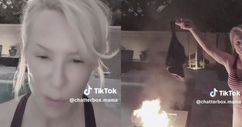 A split image of the TikTok user Chatterbox Mama burning her bras.