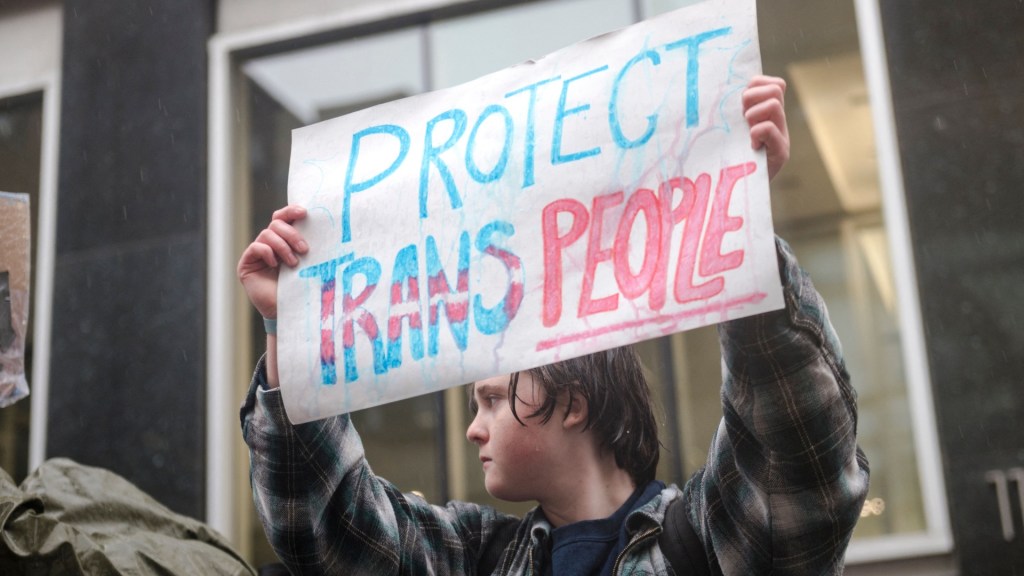 A person holds a sign reading 'Protect Trans People' as LGBTQ activists protest in Canada