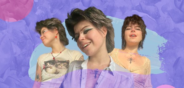 Collage of photos of Ezra, a white man with mid length hair, smiling