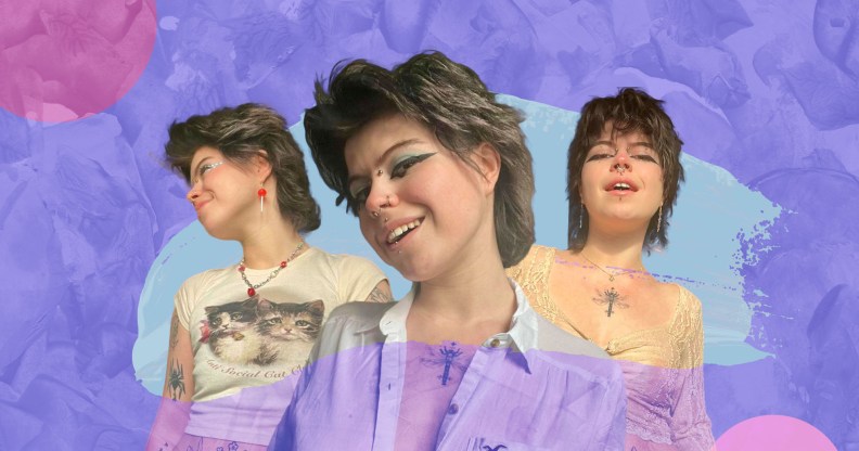 Collage of photos of Ezra, a white man with mid length hair, smiling