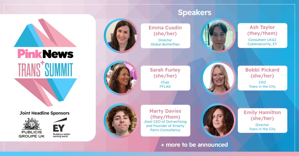 This is a promotional image highlighting the speakers at the upcoming PinkNews Virtual Trans+ Summit. 