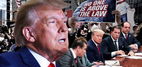 Collage of Donald Trump with a sign reading no one is above the law