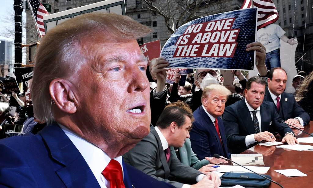Collage of Donald Trump with a sign reading no one is above the law