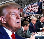 Collage of Donald Trump with a sign reading no one is above the law
