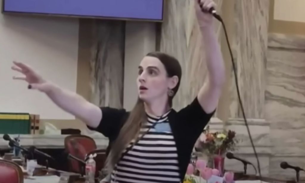 Trans state representative Zooey Zephyr holds up a microphone as she stands in the Montana state House