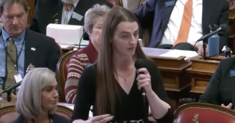 Montana representative Zooey Zephyr speaks into a microphone about the impact of hateful legislation on the trans community in the state