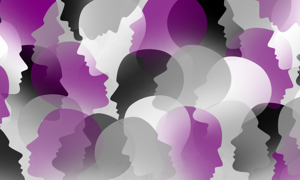 Illustration of  silhouettes in the asexual flag colours