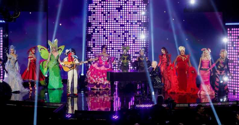 The Season 15 Drag Race cast performing to Wigloose alongside Leland and Orville Peck