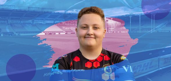 Trans man Emmett Peacock wears a rugby uniform with a rugby pitch in the background and blue and pink graphics on top