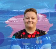 Trans man Emmett Peacock wears a rugby uniform with a rugby pitch in the background and blue and pink graphics on top