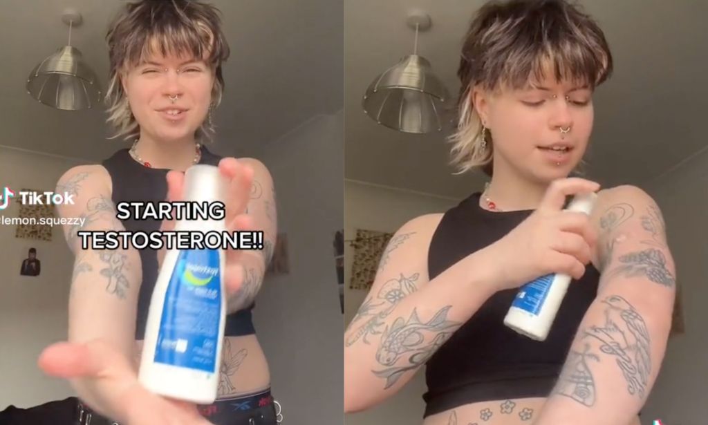 Trans TikToker Ezra shares a video centring queer joy as he holds up a bottle of testosterone gel and puts some on his arm