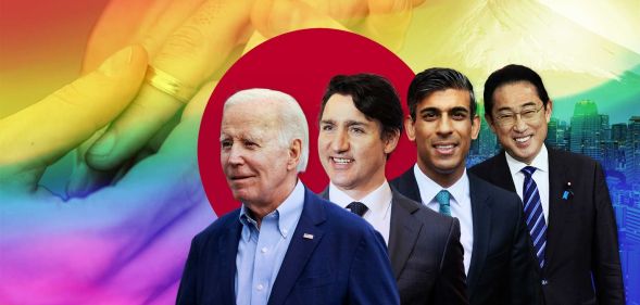 A graphic composed of images of leaders from the G7 countries, Japan's flag, Mt Fuji and two people exchanging wedding rings with an LGBTQ+ rainbow colour wash