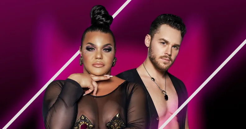 A composite image of Hot Haus stars Nicky Monet and Matthew Camp placed in the middle of the image with pink neon design in the background
