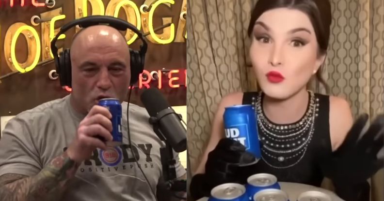 A side by side image of Joe Rogan drinking from a can of Bud Light next to an image of trans TikToker holding a can of Bud Light in her hand