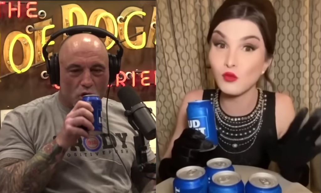 A side by side image of Joe Rogan drinking from a can of Bud Light next to an image of trans TikToker holding a can of Bud Light in her hand