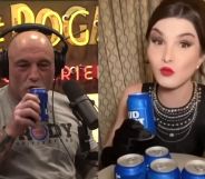 A side by side image of Joe Rogan drinking from a can of Bud Light next to an image of trans TikToker holding a can of Bud Light in her hand