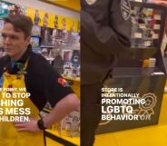 Stills of a video posted by conservative John K Amanchukwu Sr where he rants about LEGO supporting the LGBTQ+ community while inside a store