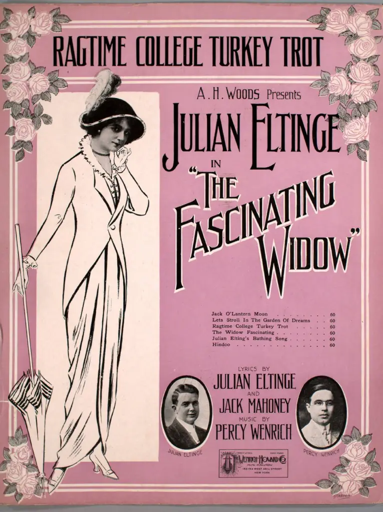 A pink sheet details a performance by Julian Eltinge, a pioneering American drag artist or female impersonator at it was called at the time