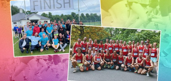 A graphic composed of pictures of members of LGBTQ+ running club the London Frontrunners with a rainbow wash in the background