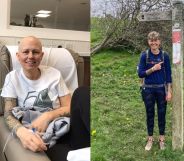 Marie pictured on the left receiving chemotherapy in hospital. On the right, she is pictured standing by a sign on a walk outdoors.