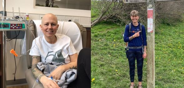 Marie pictured on the left receiving chemotherapy in hospital. On the right, she is pictured standing by a sign on a walk outdoors.