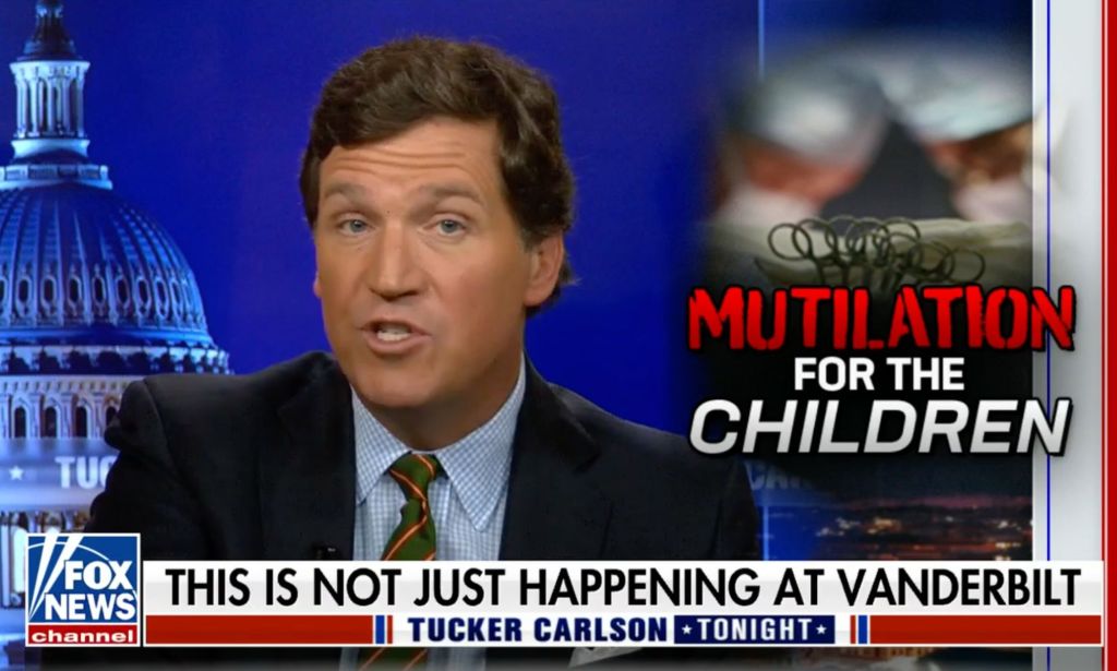 Tucker Carlson appears on his Fox News show to attack gender-affirming healthcare for trans youth in the US