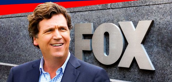 A graphic of Tucker Carlson, a right-wing TV host who espoused anti-trans talking points, in front of the Fox logo