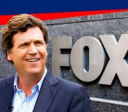 A graphic of Tucker Carlson, a right-wing TV host who espoused anti-trans talking points, in front of the Fox logo