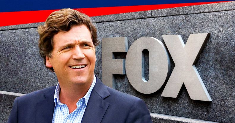 A graphic of Tucker Carlson, a right-wing TV host who espoused anti-trans talking points, in front of the Fox logo