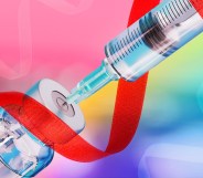 An image shows a syringe taking a vaccine out of a vial against an edited pink background with a red AIDS ribbon decorated over the front.