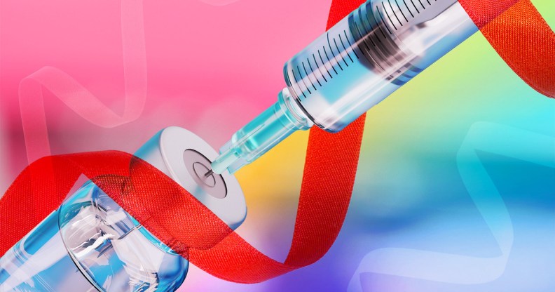 An image shows a syringe taking a vaccine out of a vial against an edited pink background with a red AIDS ribbon decorated over the front.