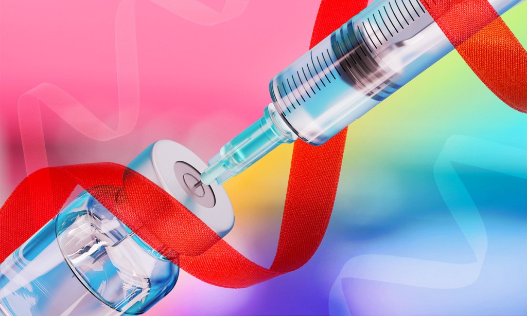 An image shows a syringe taking a vaccine out of a vial against an edited pink background with a red AIDS ribbon decorated over the front.