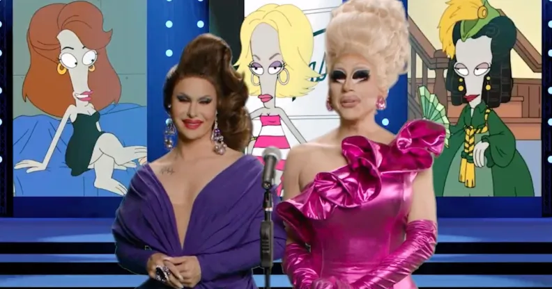 Drag queens Trixie Mattel and Trinity the Tuck stand in front of a backdrop featuring the character Roger from American Dad