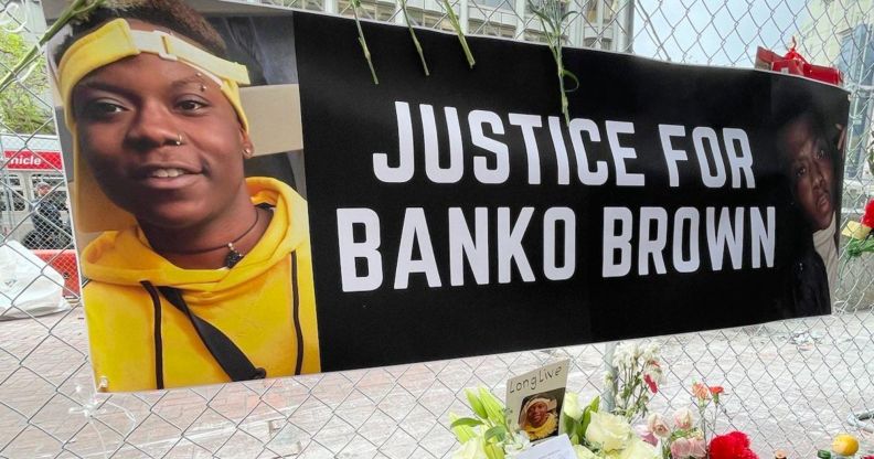 A banner above tributes to Banko Brown that reads "Justice for Banko Brown."