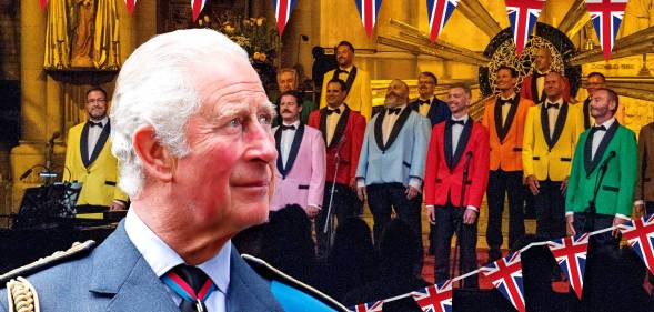 King Charless III (left) superimposed next to Brighton & Hove’s Actually Gay Men's Chorus ahead of the choir's Coronation Concert performance at Windsor Castle on Sunday 7 May