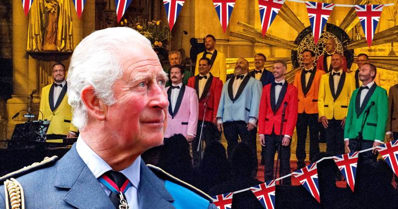 King Charless III (left) superimposed next to Brighton & Hove’s Actually Gay Men's Chorus ahead of the choir's Coronation Concert performance at Windsor Castle on Sunday 7 May