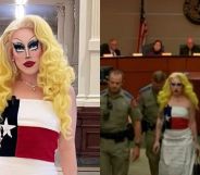 Texas drag queen Brigitte Bandit at the state capitol in a dress bearing the names of mass shooting victims in Allen and Ulvade