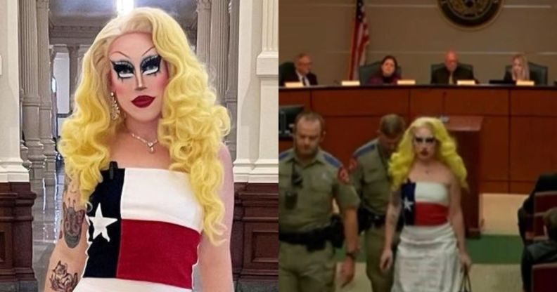 Texas drag queen Brigitte Bandit at the state capitol in a dress bearing the names of mass shooting victims in Allen and Ulvade