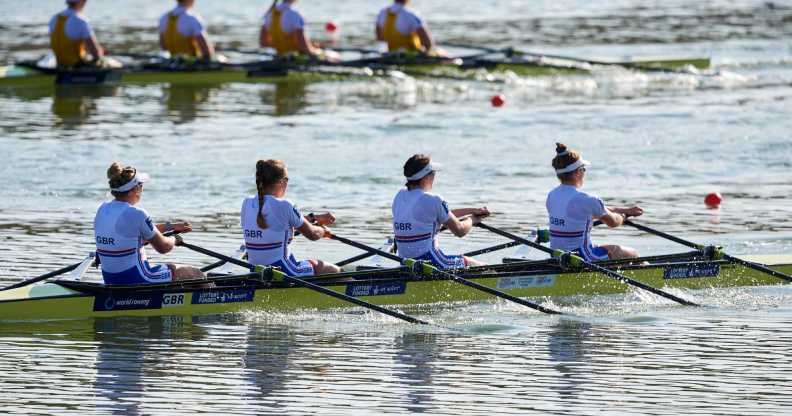 (L-R) Jessica Marie Leyden and Lola Anderson and Georgina Megan Brayshaw and Lucy Glover all of Great Britain compete in Womens Quadruple Sculls Final A during 2022 World Rowing Championships. (Adam Nurkiewicz/Getty Images)