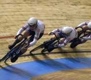 Great Britain team's members Lauren Bate, Blaine Ridge-Davis and Millicent Tanner compete in the women's Team Sprint qualifying during the UCI Track Cycling World Championships at Jean-Stablinski velodrome in Roubaix, northern France