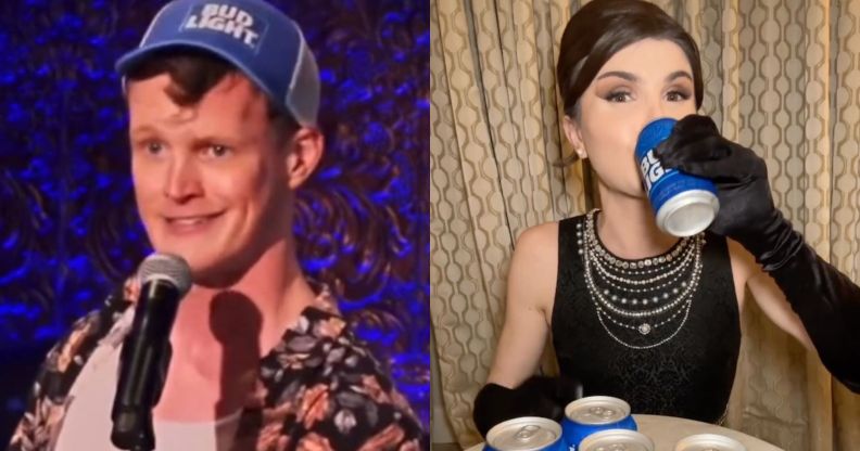 The Book of Mormon on Broadway star PJ Adzima singing "Bud Light" (left) and Dylan Mulvaney in her Bud Light ad on Instagram
