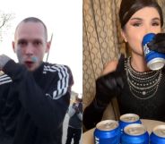 A split image of the suspect in an Ontario assault case and Dylan Mulvaney drinking Bud Light.