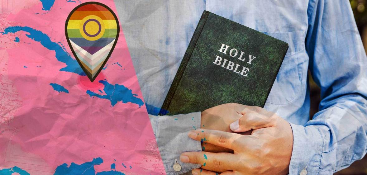 Collage of a map of the Caribbean and a white man holding a holy bible