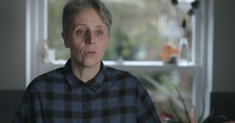 A screenshot of Kathleen Stock, an anti-trans campaigner, wearing a blue and black plaid shirt during an interview for Channel 4's Gender Wars documentary