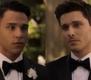 Still from the 9-1-1 Lone Star finale featuring firefighter TK Strand (Ronen Rubinstein) and policeman Carlos Reyes (Rafael Silva) sharing their vows.