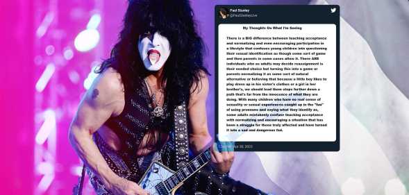 KISS star Paul Stanley playing guitar on stage, with a screenshot of his tweet about trans youth superimposed next to him