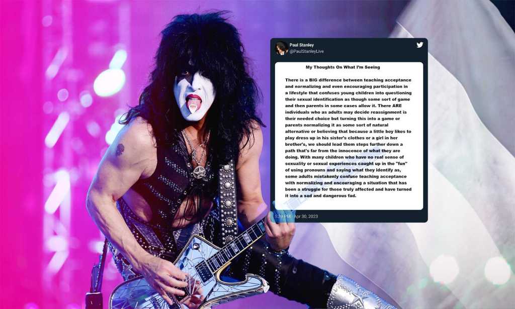 KISS star Paul Stanley playing guitar on stage, with a screenshot of his tweet about trans youth superimposed next to him