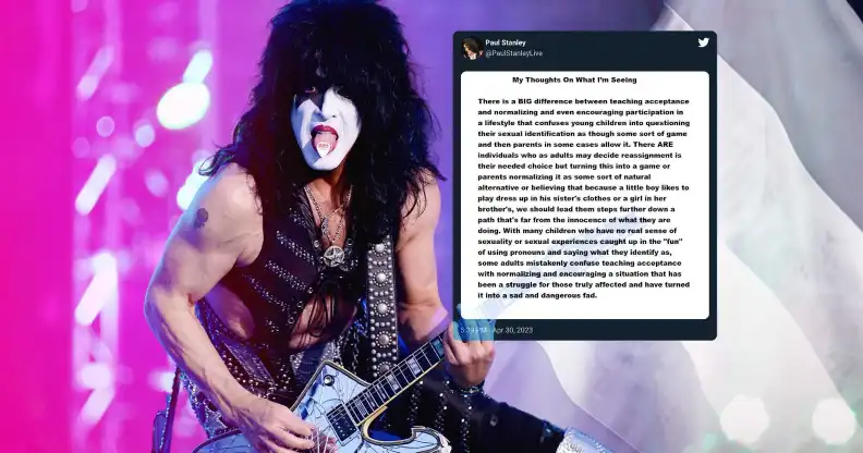 KISS star Paul Stanley playing guitar on stage, with a screenshot of his tweet about trans youth superimposed next to him